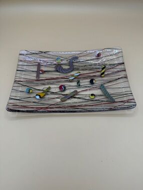 Iridescent Multicolor Confetti Kurt McVay Fused Art Glass Plate 8.5” x 5.5”